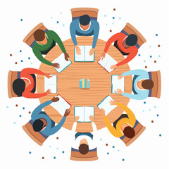 Round Table Discussion: Overhead view of a diverse group engaged in a business discussion around a circular table, symbols representing communication, teamwork, and idea exchange.
