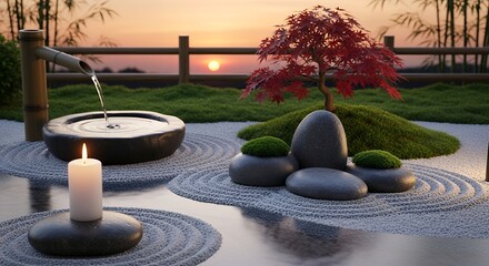 Serene Japanese Zen Garden with Bamboo Water Feature and Lit Candle at Sunset