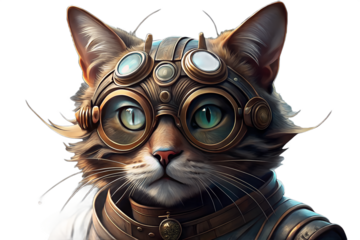 Steampunk Cat Portrait with Goggles and Brass Details on transparent background