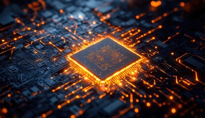 CPU on circuit board, glowing orange