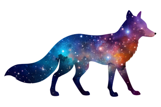Fox Silhouette Filled with Colorful Galaxy Nebula on Transparent Background