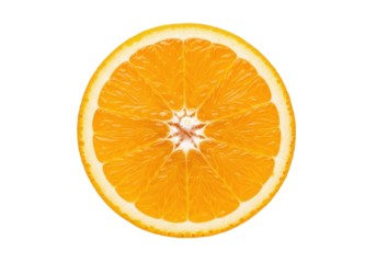 A perfectly circular, vibrant, freshly cut orange slice with juicy, translucent pulp and distinct segments, glistening against a transparent studio background, concept of freshness and natural beauty