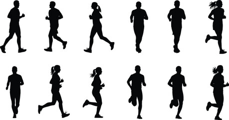 Running silhouettes, jogging figures, athletic motion, human movement, fitness posture, male and female runners, sports activity, workout, exercise, black silhouettes
