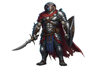 A powerfully built lizard-like warrior stands poised, clad in detailed steel armor and holding a longsword and shield, radiating strength and determination against a stark black backdrop.