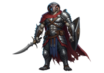 A powerfully built lizard-like warrior stands poised, clad in detailed steel armor and holding a longsword and shield, radiating strength and determination against a stark black backdrop.