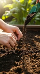Hands Sowing Seeds into Rich Soil in a Garden Bed with Trowel and Sunlight