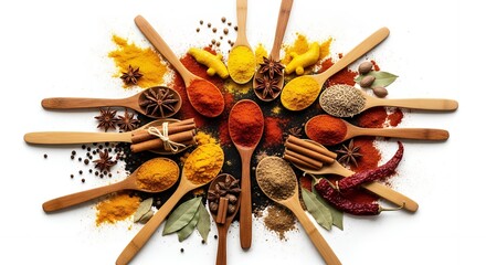 Vibrant Assortment of Colorful Spices in Wooden Spoons on White Background