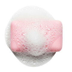 Fototapeta premium Soft pastel pink soap bar, glistening wet, covered in frothy white suds and iridescent bubbles, isolated on a bright white background with copy space, concept of pristine hygiene and freshness