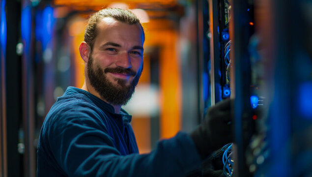 Smiling it technician with beard working in a server room with blue and orange lights - Powered by Adobe