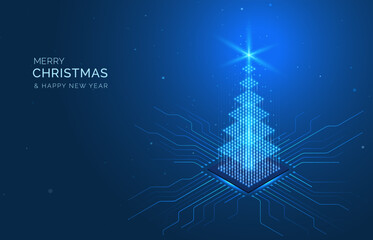Isometric AI technology Christmas tree in a glowing digital 3D background. Circuit board, data chip, IT computer network concept. Futuristic xmas design concept for holiday card, new year celebration