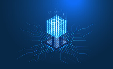 Futuristic AI 3D cube in isometric projection. Glowing chip. circuit board, data processor. Abstract digital background. Machine learning, computer network, artificial intelligence technology concept.