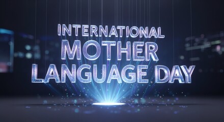 Cinematic 3D glass letters spelling “International Mother Language Day” with holographic alphabets. Futuristic mood