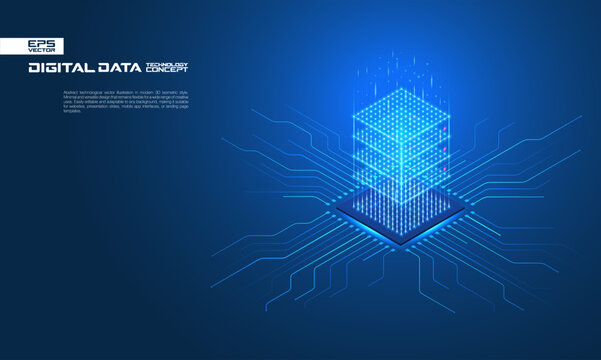Isometric data cloud server built from a chip on a circuit. AI technology, network, and computer system. Futuristic digital center concept. Storage, database, business, internet cyber security design.