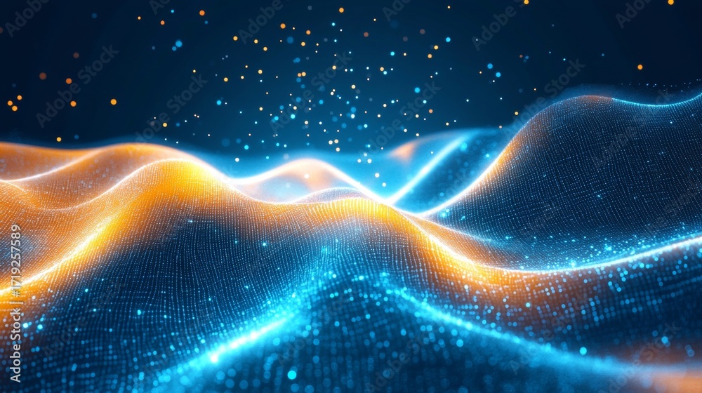 Canvas Prints futuristic abstract digital landscape with glowing waves and data flow in blue and orange tones