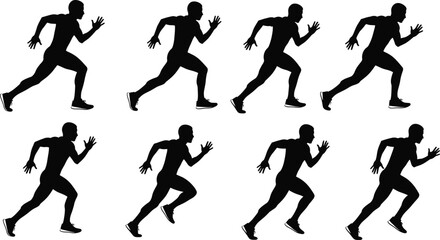 Running silhouettes, jogging motion, athletic stride, human movement, fitness posture, black figure, sports activity, exercise phase, workout cycle, biomechanics illustration