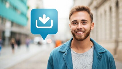 Micro Influencer Marketing Smiling man in a city street with a download icon overlay.
