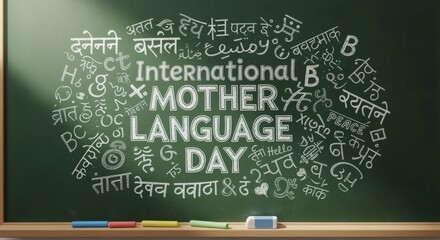 Photorealistic chalk writing “International Mother Language Day” on classroom board with doodled alphabets. Warm tone