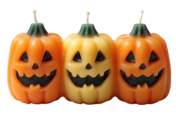 Halloween candle pumpkin candle jack o lantern trio pumpkin orange candle yellow candle wax decor spooky smile transparency background holiday