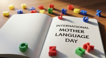 Realistic photostock-style close-up of notebook reading “International Mother Language Day.” Scattered alphabet magnets