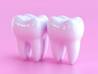 Two stylized, light-pink teeth with light-purple stripes against a pink background