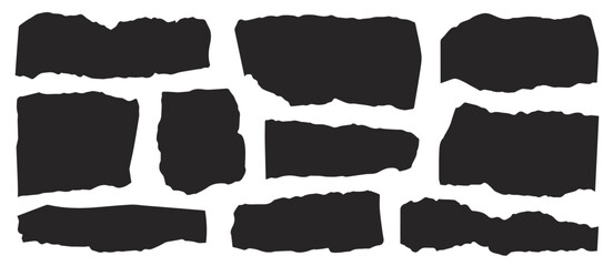 Jagged black stone bricks are assembled to create a simple rough monochrome wall over transparent background