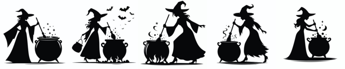 vector silhouette of a witch stirring a halloween potion