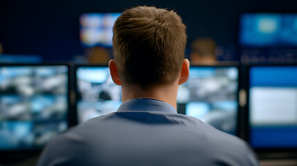 Man viewing multiple computer monitors in a control room setting