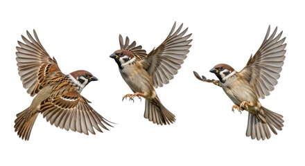Fototapeta premium Three Eurasian tree sparrows in mid-flight with outstretched wings, showcasing detailed brown beige plumage against a pristine transparent background with copy space, natural freedom and avian beauty