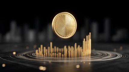 Suspended Gold Coin Above Circular Data Bars with Urban Backdrop, visualizing Market Metrics, Tokenized Value and Analytical Structure in Financial Visualization Environment