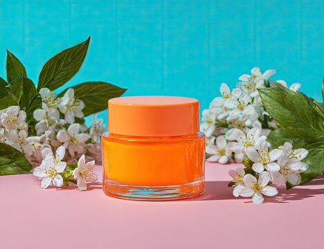 Orange cream jar surrounded by spring blossoms
