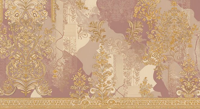 Elegant floral design with intricate gold patterns on a mauve backdrop.