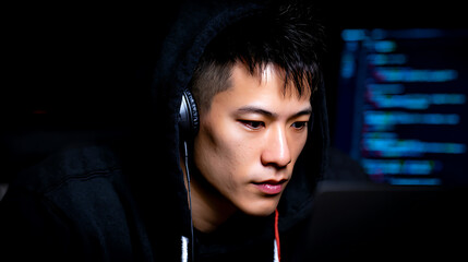 A person wearing headphones focuses intently on a computer screen in a dimly lit room with code displayed in the background.