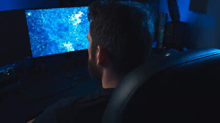 Man viewing a blue abstract display on a computer monitor in a dimly lit room