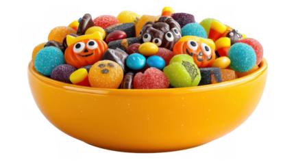 Colorful Halloween candy orange bowl gummy chocolate jelly bean pumpkin face cat face spooky treats transparency background