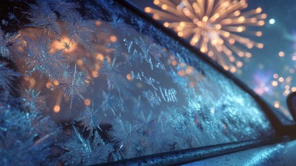 A car window covered in ice crystals with 'Happy New Year' written on it. Beautiful fireworks light up the night sky in the background