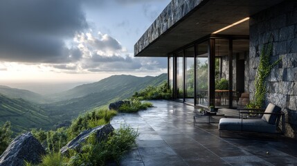 Fototapeta premium Mountain Retreat Exudes Modern Elegance with Lush Greenery and Expansive Valley View in Natural Light