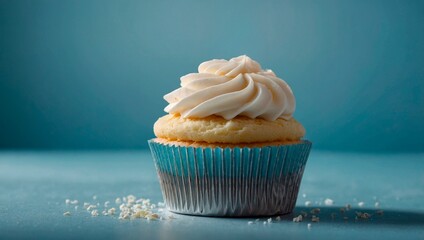 A vanilla cupcake with a smooth swirl of white frosting against a soft, light blue background. Freshly baked muffin cake with a cream on top.	