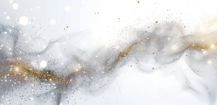 Abstract image of flowing, translucent fabric with embedded glitter, in shades of grey and gold, set against a white background, evoking a sense of movement and ethereal beauty