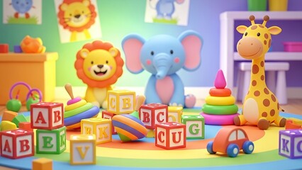 Obraz premium Vibrant Children's Playroom with Adorable Cartoon Toys, Alphabet Blocks, and Colorful Learning Activities.