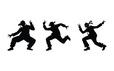 Three silhouetted figures in dynamic poses against a white background showing peace sign gestures