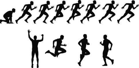 Running silhouettes, sprint sequence, athletic motion, starting position, victory pose, fitness, biomechanics, sports training, movement illustration