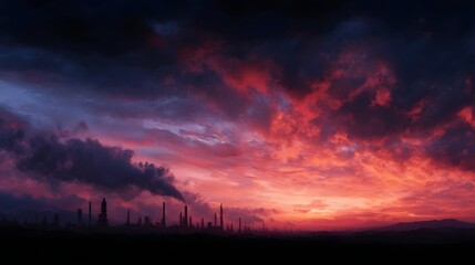 Fiery sunset illuminates a silhouetted industrial landscape with billowing smoke from tall chimneys