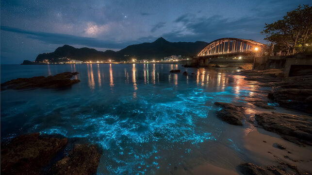 Seascape with blue light of plankton in the sea and beautiful beidge is background.