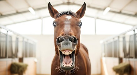 Funny horse with open mouth showing teeth in stable. Animal portrait close up.