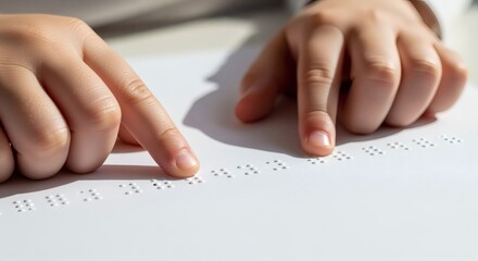 Close-up photorealistic shot of child's hands touching Braille text on paper. Educational awareness concept