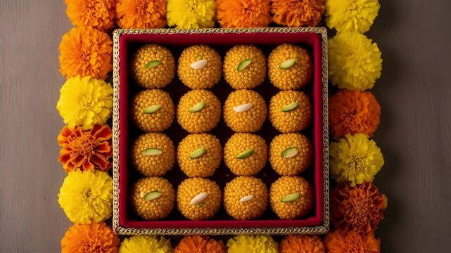 Traditional indian motichoor laddus sweet box adorned with vibrant marigold flowers for festive celebrations and cultural events a delicious dessert