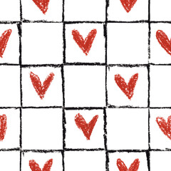 Seamless pattern with red hearts in a hand-drawn grid. Oil pastel texture. Playful and rustic design. Cute Valentine style.