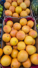 Orange grapefruits in large crates on store shelves. Display and sale of citrus fruits.
