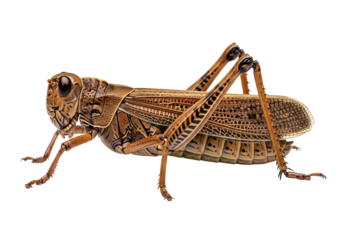Detailed close-up of a grasshopper, showcasing intricate patterns and textures on its body and legs against a striking black backdrop.