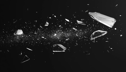 Shattered glass fragments on black background